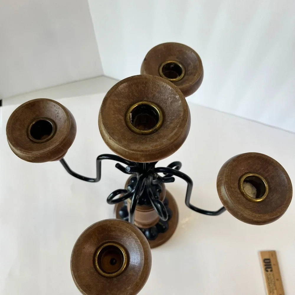 Vintage Wood and Wrought Iron 5 Light Candelabra Candle Holder Centerpiece Brown